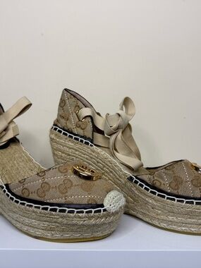 Gucci Beige Monogram Platform Espadrille Wedges with Ribbon